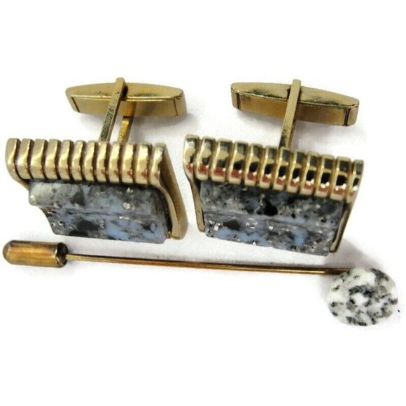 Vintage Blue Marble Gold Tone Vintage Cufflink Set with Stick Pin - Picture 3 of 12